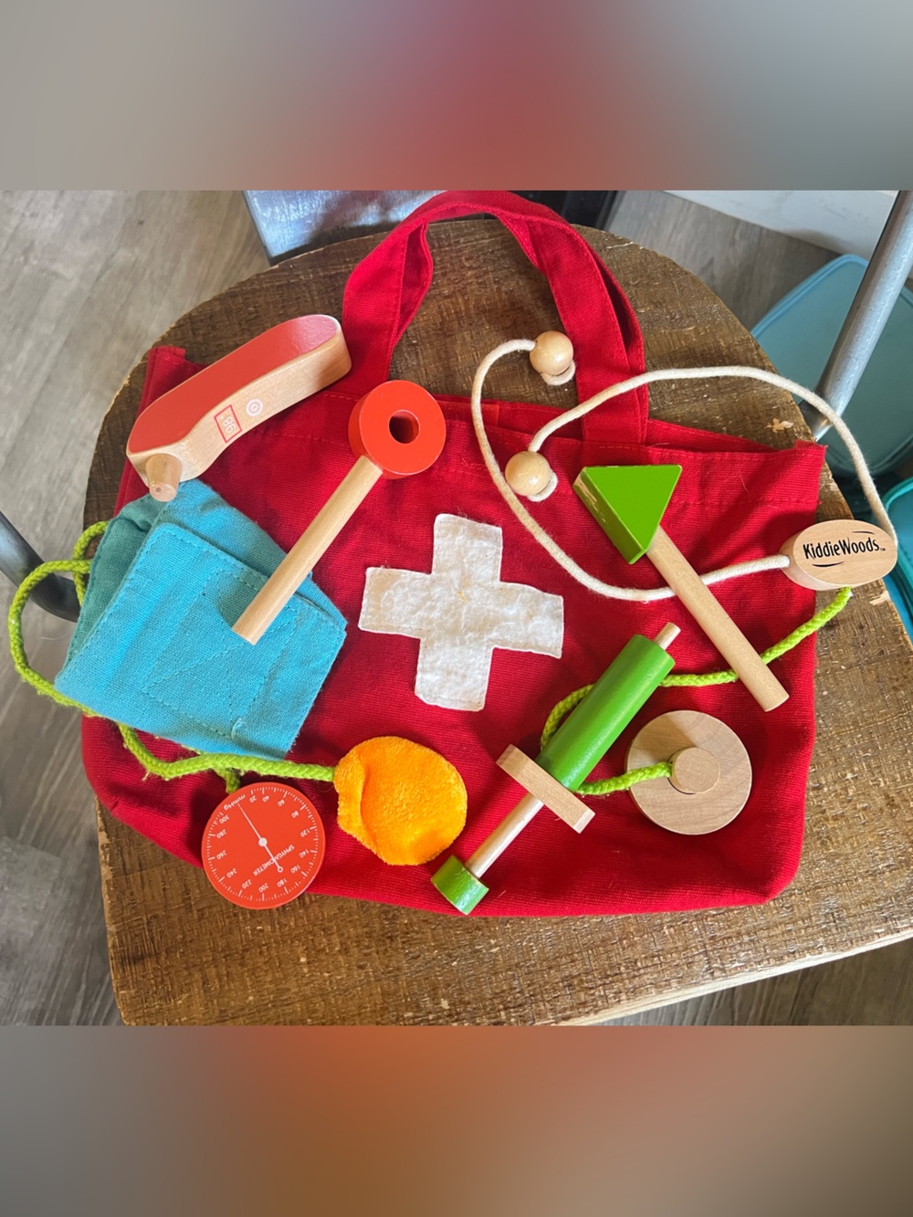 Kids Wooden Medical Playset Toy Bag - Red